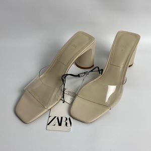 Zara Womens 37 (6.5 US) Chunky Nude Heel w/ Clear Stap